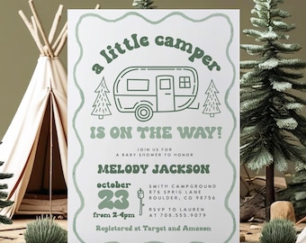 May include: A baby shower invitation with a camping theme. The invitation features a green and white color scheme with the text "a little camper is on the way!" and details for Melody Jackson's baby shower on October 23rd.