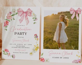 Wildflower Graduation Party Announcement Invitation, Floral Pink Bow Girl Grad Photo Invite Modern Boho Flower, Senior Graduate Announcement