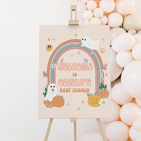 Editable Retro Pink Ghost Welcome Sign, A Little Boo Baby Shower Sign, Spooky Hippie Rainbow 70s Vibe Cute Ghost Printable 188
