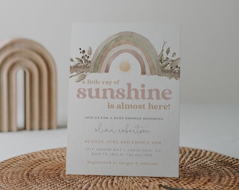 Rainbow Baby Shower Invitation, boho gender neutral baby shower invitation template, A Little Ray of Sunshine digital download, oh baby, 80