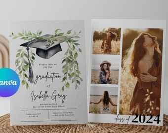 Graduation invitation Editable template Grad announcement Class of 2024 College graduation Printable Calligraphy DIY Download Canva