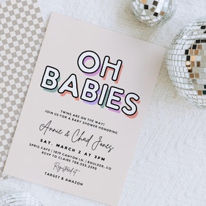 Oh Babies Twin Baby Shower Invitation, Minimalist Neutral Twin Baby Shower Invite Editable Template Modern Boho Gender Neutral