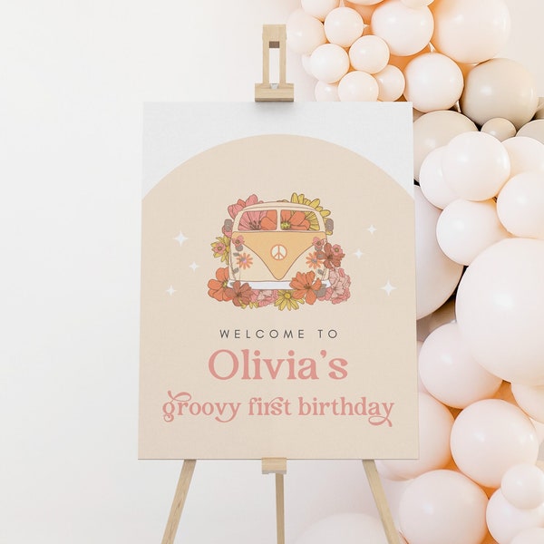 Groovy One Welcome Sign, First Birthday Sign, Retro Birthday Welcome Poster, Girl 1st Birthday, Instant Download Editable