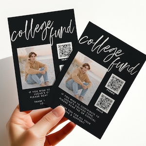 May include: Two black cards with the words "college fund" in white script. Each card has a photo of a person, QR codes, and text that reads "If you wish to contribute to Lucas's college fund, please scan the QR code(s)."