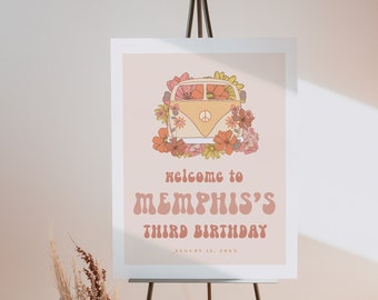 Panneau de bienvenue anniversaire groovy, panneau de bienvenue rétro, signe de la paix hippie des années 70 1er anniversaire modèle modifiable instantané 722