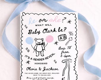 EDITABLE Teddy Bears Gender Reveal Invitation Hand Drawn Baby Boy Or Girl Party Invite Template, He Or She, Boho Art Bear with Balloons