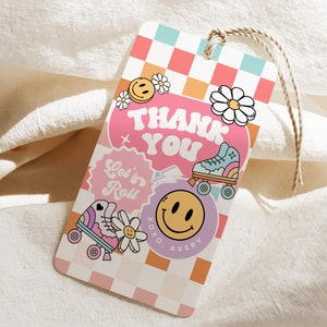 Let's Roll Roller Skate Aniversário Favor Tag Template, Festa de Patinação Obrigado Tag Daisy Retro Roller, Arco-íris, Festa de Aniversário de Meninas com Skate