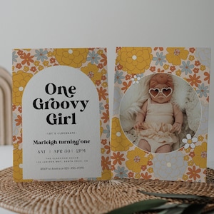 One Groovy Girl Birthday Invitation Template, Groovy One Birthday Invite, Retro Boho Floral Girl Birthday Printable, Editable Template, 189
