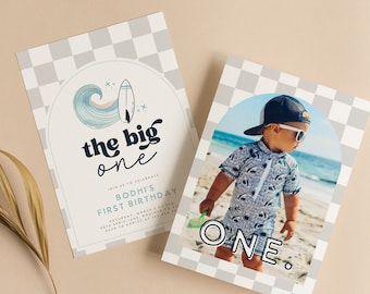 Inbjudan till 1-årsdagen för The Big One Boy, retro surfbräda, strandfest, vågsurfare, boho, nedladdningsbar mall, CANVA