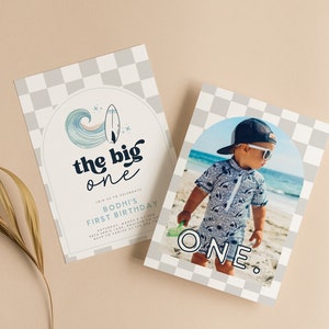 The Big One Boy 1st Birthday Invitation Retro Surfboard Beach Party Wave Surfer Boho Invite Download Editable Template CANVA