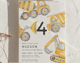 May include: A birthday invitation featuring watercolor illustrations of construction vehicles in yellow and gray. The number "4" is prominently displayed. The text reads "DROP EVERYTHING HUDSON is turning four SAT OCT. 13 3PM".