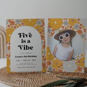 Five Is A Vibe Birthday Invitation Template, Groovy 5th Birthday Invite, Retro Boho Floral Girl Birthday Printable, Editable Template, 189 image 1