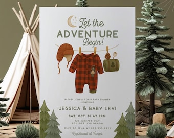 Let the Adventure Begin Babypartyeinladungsvorlage, kleine Camper-Babyparty einladen, Jungen-Abenteuer-Babyparty, rustikale Babyparty 254