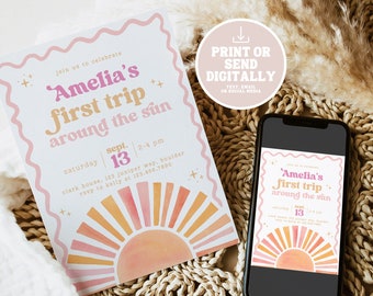 Editable Boho Sun First Trip Around the Sun Birthday Invitation, One Happy Girl Retro 1st Birthday Party Invite, Instant Download, Canva
