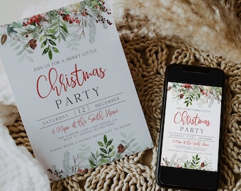 May include: A Christmas party invitation with floral and berry decorations, presented on a woven placemat. The invitation text reads "Join us for a Merry Little Christmas Party" with event details. A smartphone displays the same invitation.