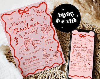 Christmas Party Invitation Template, Merry Friendsmas Party Whimsical Hand Drawn Festive Cocktail Xmas Holiday Invite Digital Canva EVITE