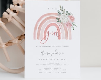 Pink Floral Rainbow Baby Shower Invitation, Girl baby shower invitation template, Garden Rainbow Baby Shower, digital download, oh baby, 168