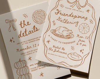 May include: Two white rectangular cards featuring copper-coloured line art illustrations of bows, pumpkins, a turkey, and pie. The text reads: Please join us for a Friendsgiving Gathering, Nov. 12 from 6-9 pm, Hosted By the Johnsons, and the details.