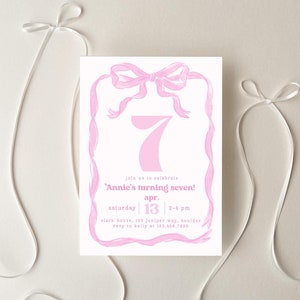 Coquette Pink 7th Birthday Invitation Girl Pink Bow Mobile 7th Birthday Invite, Fancy Birthday Invitations Seventh Sleepover Invitation