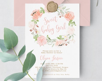Babyparty einladen, Blush rosa Blumen-Babyparty-Einladung, druckbare Mädchen-Babyparty-Einladung, bearbeitbare Vorlage, Babyparty, AI-31