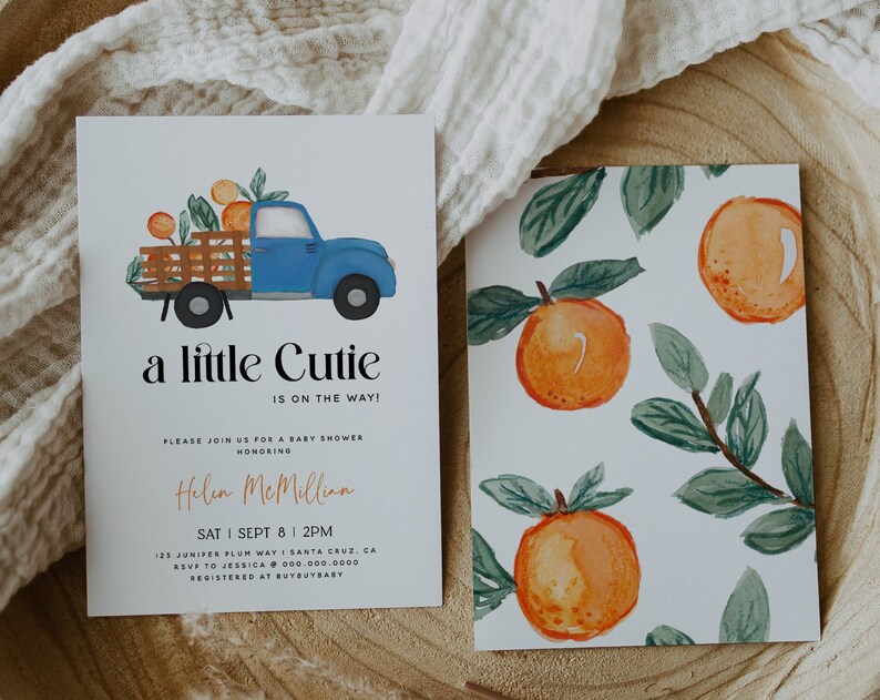 NORA A Little Cutie is on the Way Clementine Blue Truck Orange Boy Baby Shower Invitation Citrus Baby Instant Download