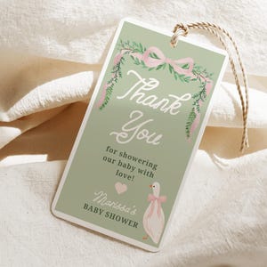 Rosa Gans Gastgeschenk Geschenkanhänger, Kaninchen und Gänse Babyparty Dankeschön Tag, Mädchen Babyparty CANVA Vorlage