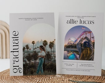Può includere: Invito a una festa di laurea con una foto di una donna di fronte al molo di Santa Monica. L'invito è per Allie Lucas e include la data, l'ora e il luogo della festa. Il testo sull'invito recita "Si prega di unirsi a noi per una festa di laurea in onore di Allie Lucas".
