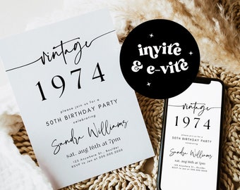 Minimalist 50th Birthday Invitation, Vintage 1974 Invite, 50th Birthday Invite, Fifty Years Young, Boho 50th, 50th Bday Evite, Canva