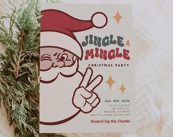 May include: A Christmas party invitation featuring a Santa illustration winking and giving a peace sign. The invitation reads "Jingle & Mingle Christmas Party" with event details. The design uses a retro colour palette and is accented with evergreen branches.