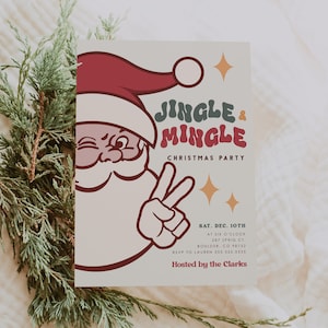 Jingle & Mingle Christmas Invitation Groovy Santa Holiday Party Invite, Christmas Party Printable Secret Santa Retro Download