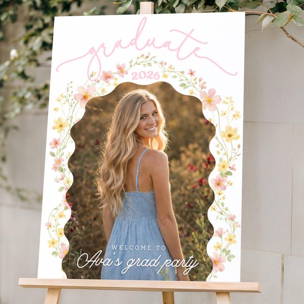 Graduation Welcome Sign Template, Wildflower Grad Party Sign, Photo Graduation Sign, Floral Welcome Poster, Canva Template G4