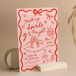 Szablon zaproszenia na przyjęcie świąteczne Making Spirits Bright Friendsmas ręcznie rysowane świąteczne zaproszenie na koktajl Xmas Holiday Digital Canva do pobrania