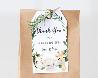 Editable Drive By Shower Favor Tag Drive through Baby Shower Jungle Animals Birthday Thank You Tags Quarantine Animals, 90