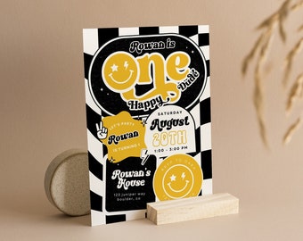 One Happy Dude Birthday Invitation Template, Printable Invitation, Editable Retro One Happy Dude First Birthday Party Invite