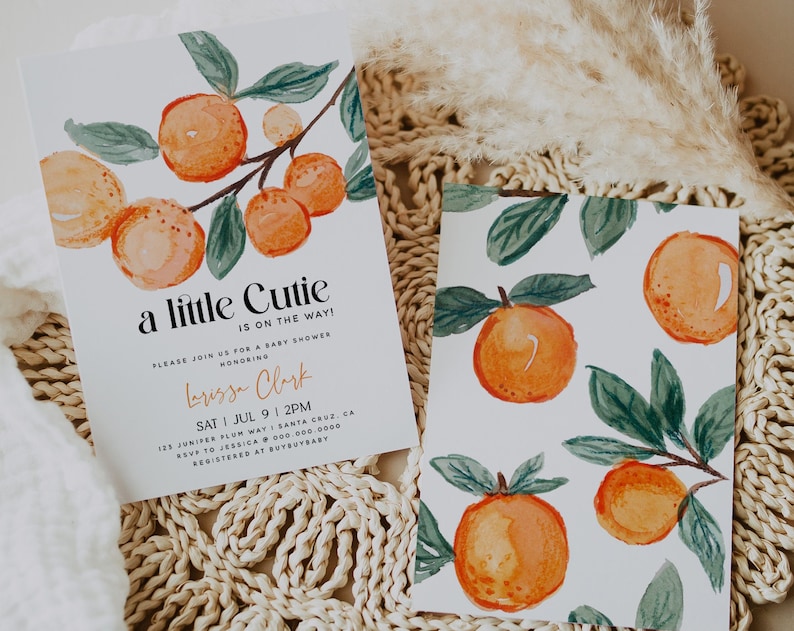 NORA A Little Cutie is on the Way Clementine Orange Gender Neutral Baby Shower Invitation Citrus Baby Instant Download