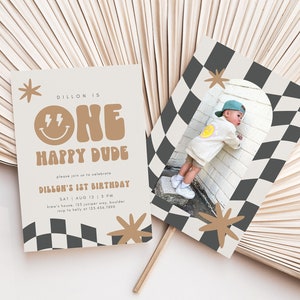 Boy First Birthday Invite One Happy Dude Birthday Invitation Smile Face Retro Birthday Editable Digital Template INSTANT DOWNLOAD 58