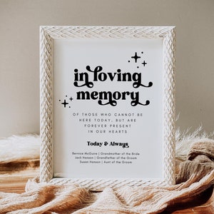 May include: A white frame with a black inscription that reads "in loving memory" and "Of those who cannot be here today, but are forever present in our hearts. Today & Always." The inscription also includes the names of the deceased: Bernice McGuire, Jack Hanson, and Susan Hanson.