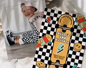Skateboard Birthday Invitation, Boy Birthday Invite Skate Party Skateboard Retro Checker Smile Face Editable First birthday Invite Template