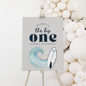 The Big One Surf Birthday Welcome Sign Retro Surfboard Welcome Poster Beach Party Wave Surfer Boho Download Editable Template CANVA