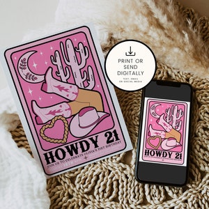 Bonjour 21e modèle de fête d'anniversaire, faire-part d'anniversaire modifiable de bottes de cowgril, carte de tarot occidental de célébration d'anniversaire de cow-girl de l'espace
