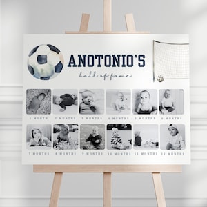 Plantilla de tablero de fotos mensual de cumpleaños de fútbol, moderna fiesta de cumpleaños de niño de fútbol, cualquier edad, plantilla digital editable de Canva, estilo bohemio