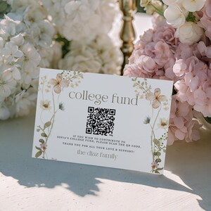 May include: A floral-themed card with the words "college fund" and a QR code. The card is surrounded by white and pink flowers, with a candle and a fork and plate in the background. The card's text reads "If you wish to contribute to Sofia's college fund, please scan the QR code. Thank you for all your love & support! The Diaz Family."