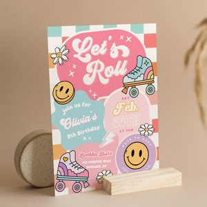 Let's Roll Roller Skate Birthday Party Invitation Template, ANY AGE, Daisy Birthday Invite, Retro Roller, Rainbow, Girl Birthday Skate Party