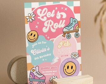Plantilla de invitación para fiesta de cumpleaños con patines, para cualquier edad, invitación de cumpleaños de Daisy, fiesta de cumpleaños de niña con patines retro y arcoíris, Ava