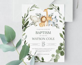 Baptism Invitation, Jungle Animal Baptism Invitation, Safari Baptism Invitation, Boy Baptism, Baptism Template, invitation, template, 42