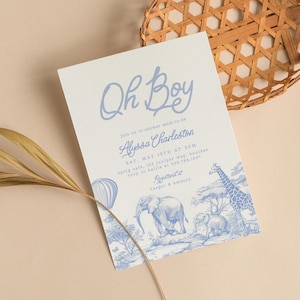 Jongen babyshower uitnodigen, klassieke safari babyshower uitnodiging, verhalenboek babyshower, jungle dieren toile de jouy baby heteluchtballon