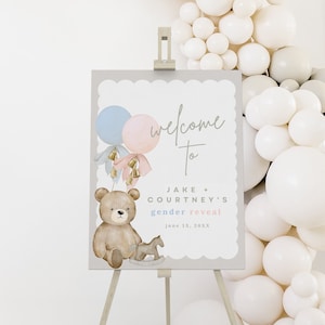 Teddy Bear Gender Reveal Welcome Sign Editable Template, Vintage Toy Gender Reveal Welcome Template, He or She, Boy or Girl, Canva Template