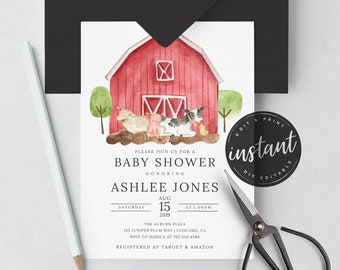 Invitación para baby shower de animales de granja, invitación para baby shower de granja, baby shower de niño, plantilla editable, AI-55