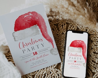 May include: A Christmas party invitation and a smartphone displaying the same design. The invitation features a watercolor Santa hat and the words "Christmas Party" in red. The date is December 18th.