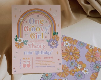One Groovy Girl Birthday Invite Template, Groovy One Hippie Rainbow 70s Vibe Birthday Invite Printable, Editable Instant Download CANVA, 186